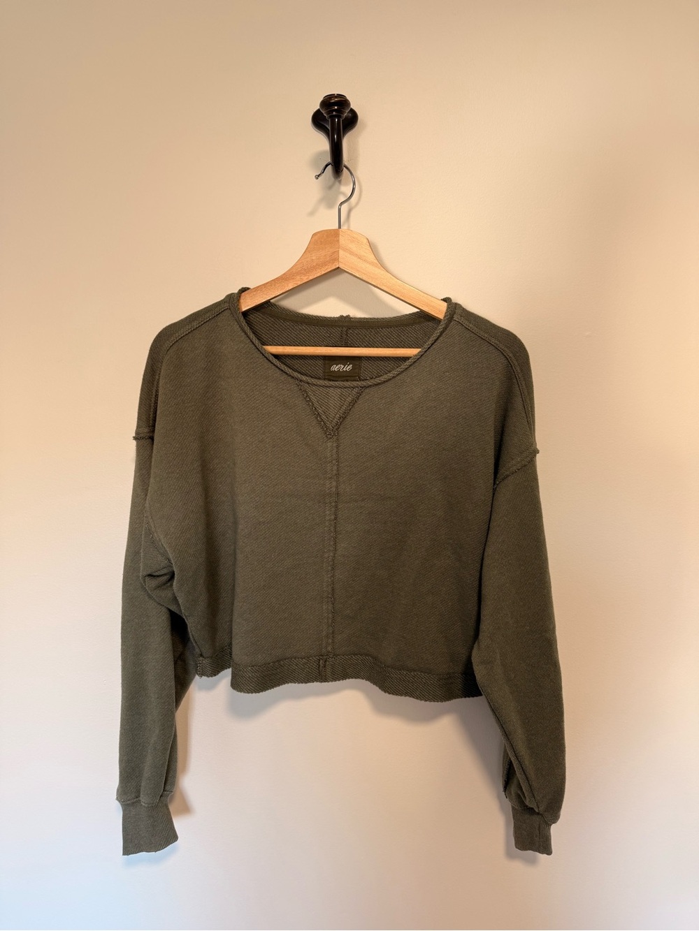 aerie Cropped Olive Green Crewneck Sweatshirt